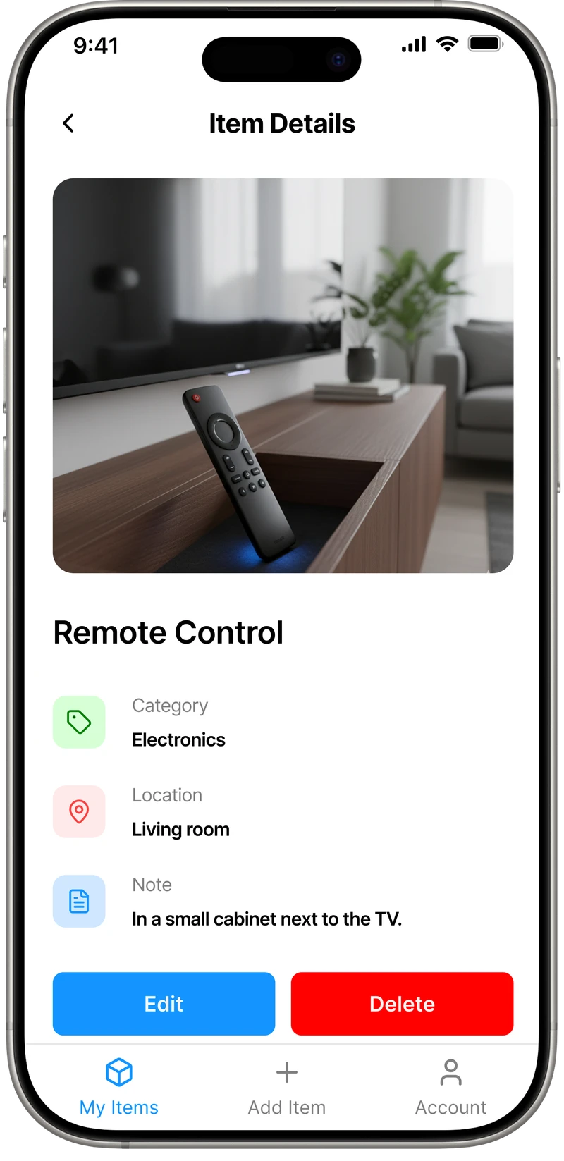 The iFoundIt app showing belongings organized by room and storage container